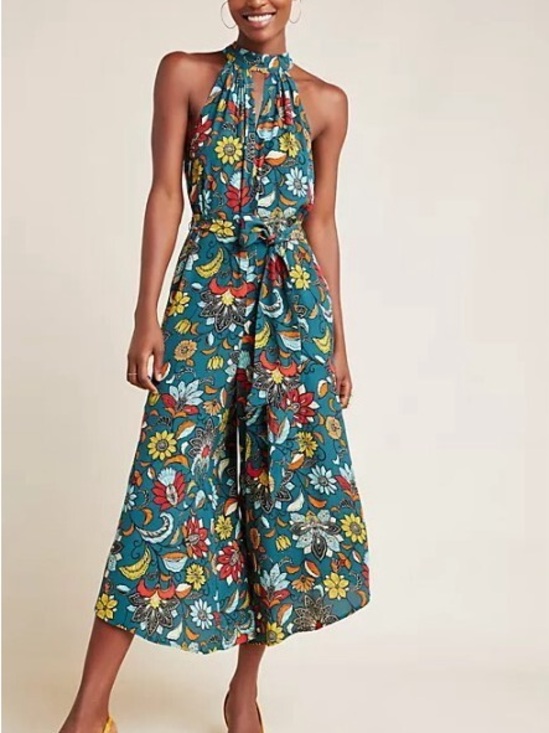 Anthropologie Pants - Anthropologie Women’s Geneva Halter Wide-Leg Jumpsuit Teal Floral Size Small